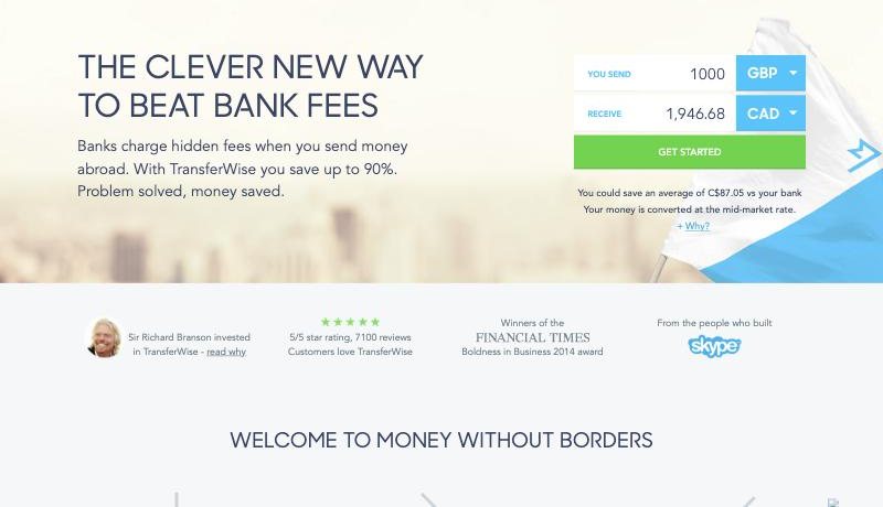 Landing page: transferwise.com, July 2015