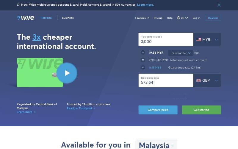 Landing page: wise.com/my, September 2022